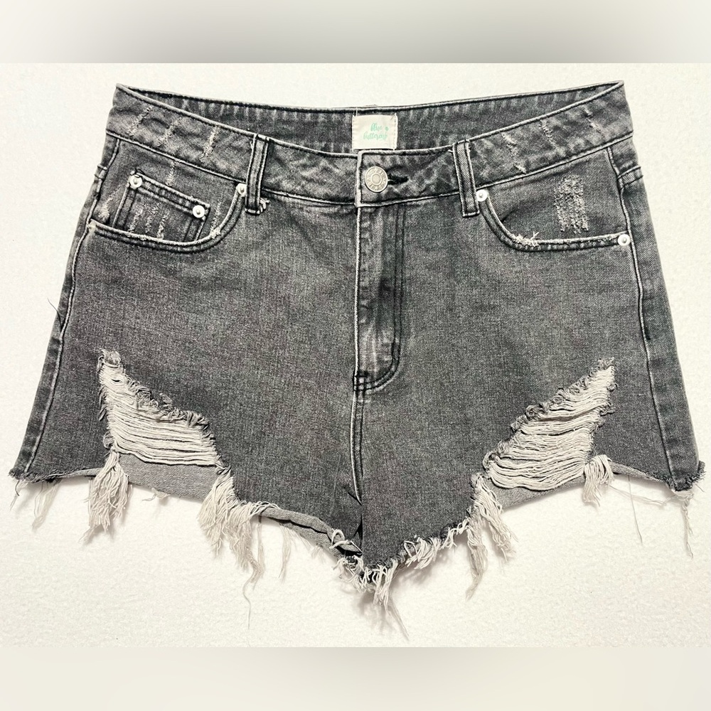 Blue Buttercup Frayed Black Denim Shorts Distressed Jean Shorts Size Large